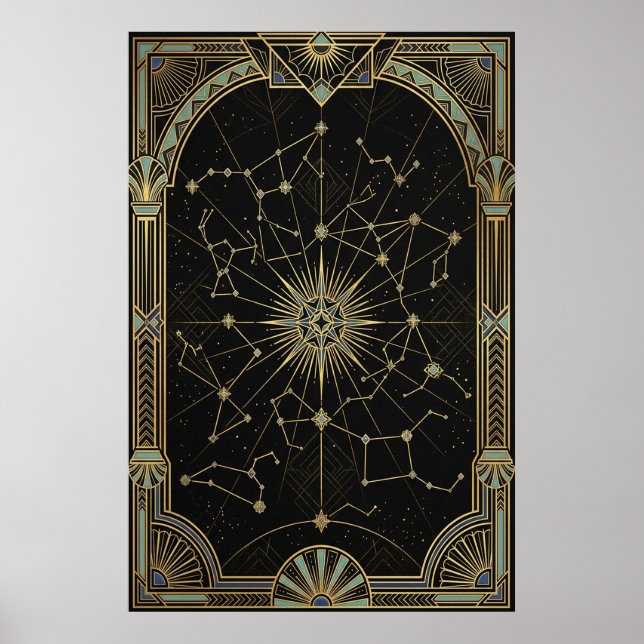 Art Deco Celestial Star Chart Poster | Gold Teal  (Frente)