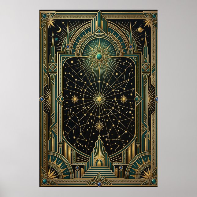 Art Deco Celestial Star Map Poster | Gold Teal (Frente)