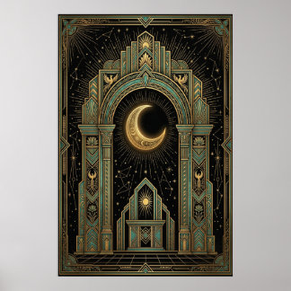 Art Deco Celestial Temple Poster | Gold Sunburst