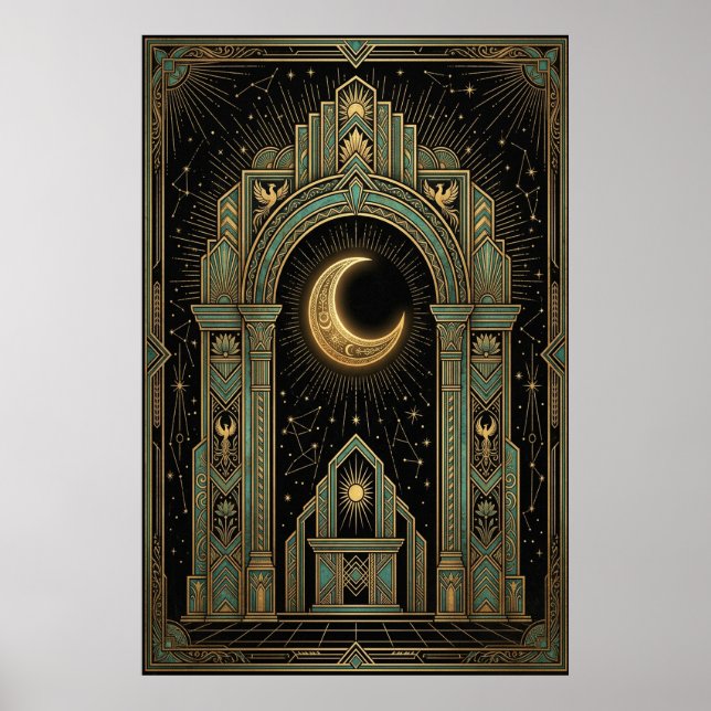 Art Deco Celestial Temple Poster | Gold Sunburst (Frente)