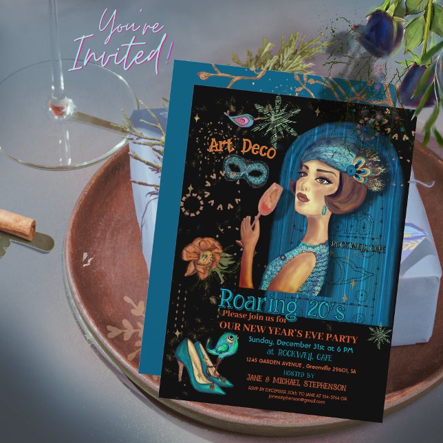 Art Deco Convite Preto para Vésperas de Ano Novo (Art Deco New Year’s Eve Teal Black Invitation )