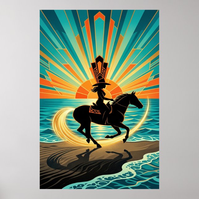 Art Deco Cowgirl Horse Beach Waves Sunset Poster (Frente)