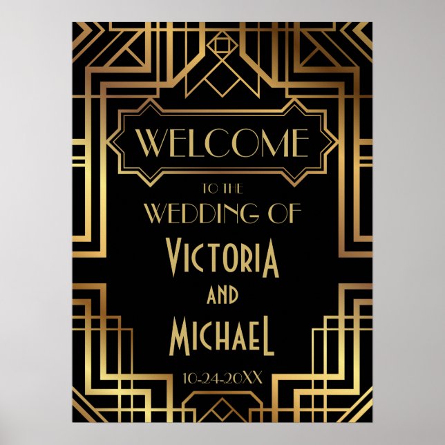 Art Deco Dourado e Poster de Casamento Negro (Frente)