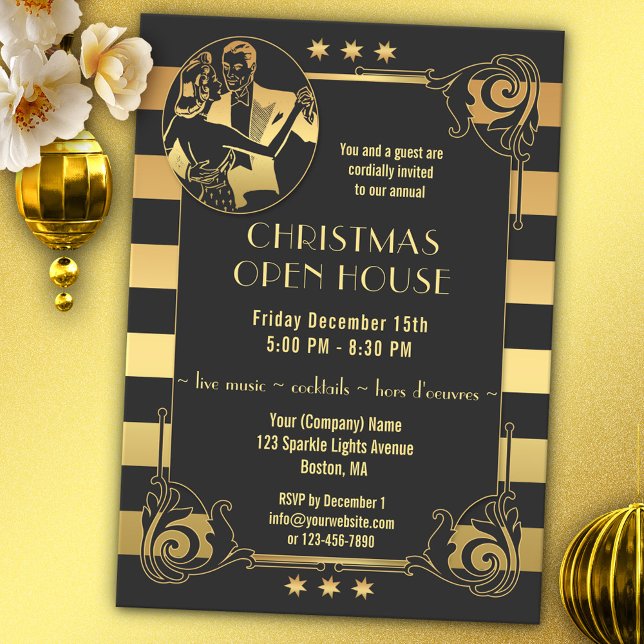 Art Deco Dourado Gatsby Natal Convite (Christmas Holiday invitation in a 30-ies and Gatsby inspired art deco style with golden stripes)