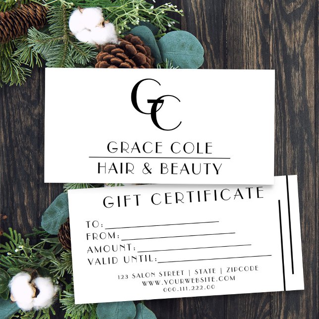 Art Deco Elegante Mono Business Gift Certificate (Logo branded christmas gift certificates by Busy Business Bee)