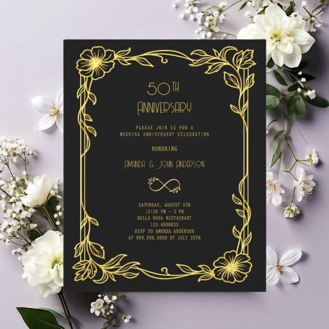 Art Deco Gatsby Black 50º convite para o casamento (Criador carregado)