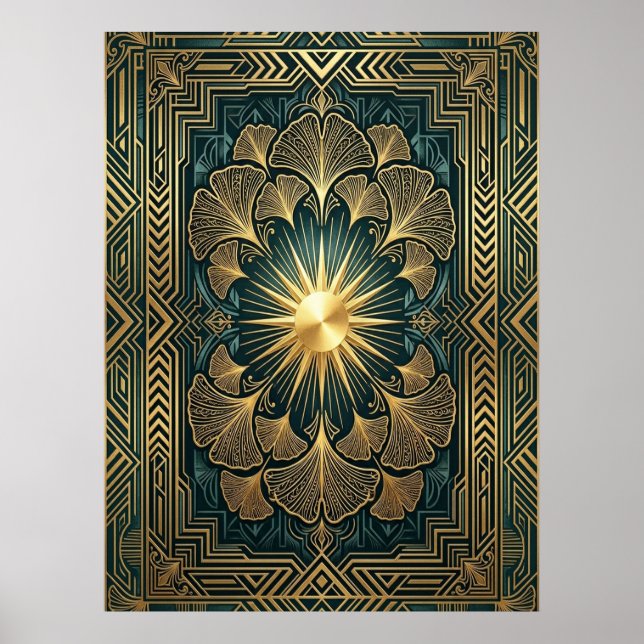 Art Deco Ginkgo Leaf Sunburst Poster | Gold Teal  (Frente)