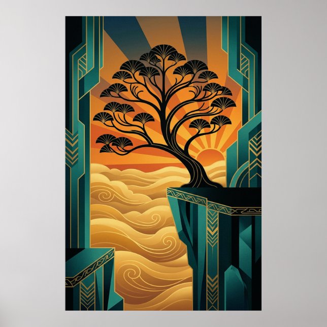 Art Deco Ginkgo Tree Ocean Cliff Gold Teal Poster (Frente)