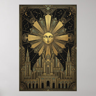 Art Deco Golden Sun Face Palace Poster | Celestial