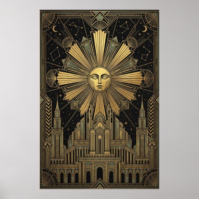 Art Deco Golden Sun Face Palace Poster | Celestial (Frente)