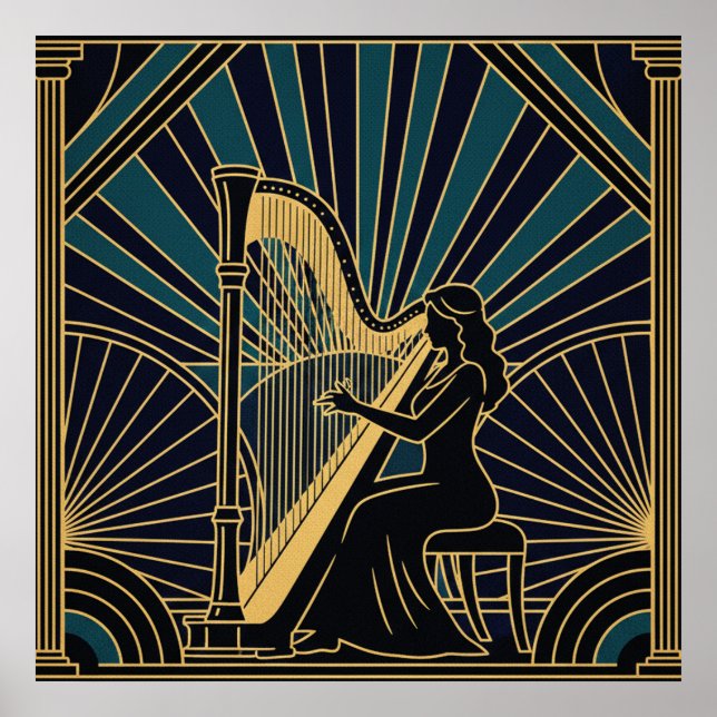 Art Deco Harpist Silhouette Poster Gold and Black  (Frente)