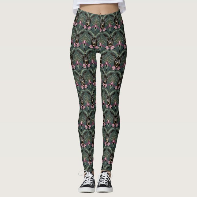 Art Deco Impressão Leggings Verdes (Frente)