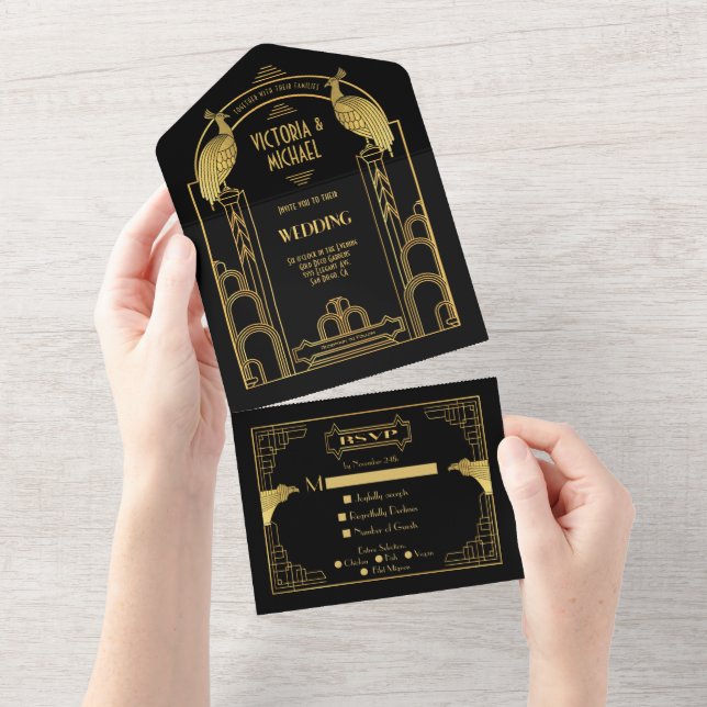 Art Deco Peacock Dourado e Black Roaring 20 Party (Tearaway)
