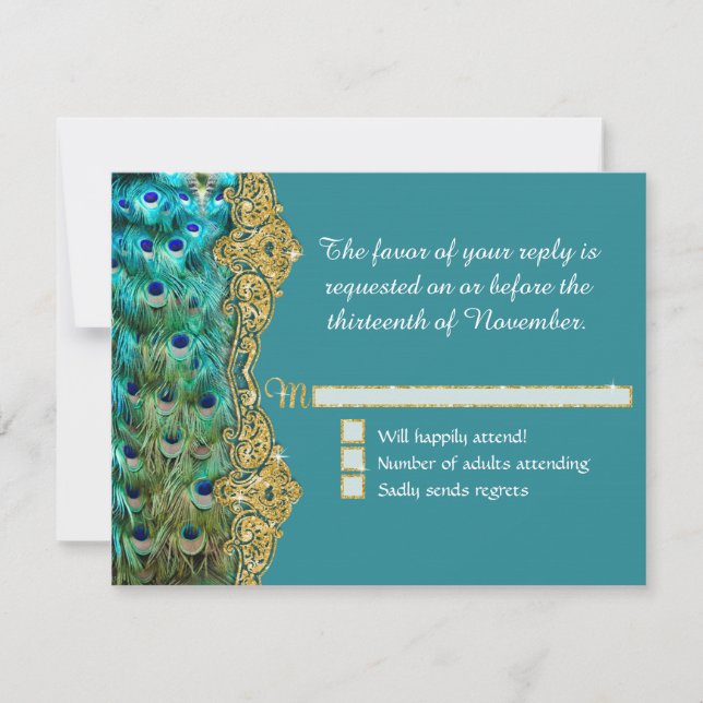Art Deco Peacock Glam Old Hollywood Weding RSVP (Frente)