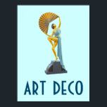 Art Deco Poster 11<br><div class="desc">Um clássico poster de arte da era do estilo e do design. A poster apresenta uma figura de estátua de metal feminina montada em uma base de pedra. A figura tem uma grande ventoinha de ouro sobre a cabeça</div>