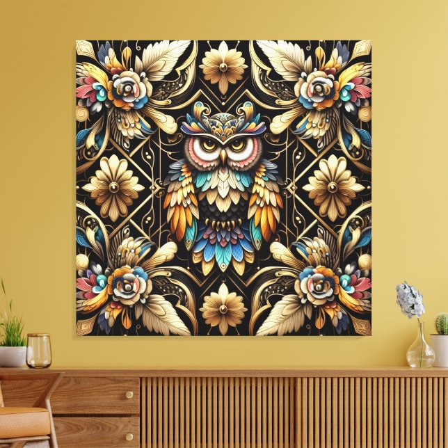 Art Deco Rainbow Owls Canvas Print (Insitu(Sala de estar))
