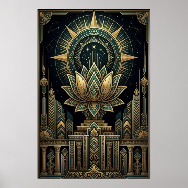 Art Deco Sacred Lotus Celestial Compass Poster (Frente)