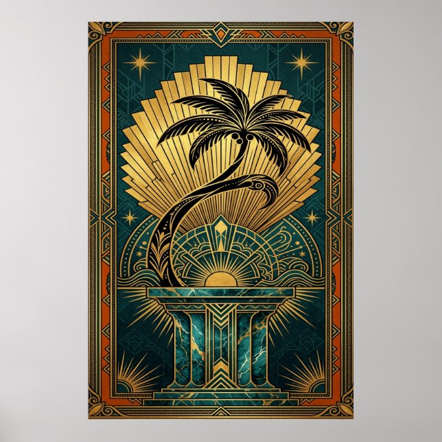 Art Deco Symmetrical Tree of Life Gold Teal Poster (Frente)