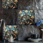 Art Deco Turquoise Azulejo de Cerâmica Preto Doura<br><div class="desc">Belo azulejo de arte com um padrão geométrico em Turquesa negra e ouro. Design tem um padrão moderno de ventoinha e flor. Conteúdo #generativo</div>