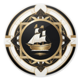 Art Deco Vintage Navio preto branco Dourado náutic