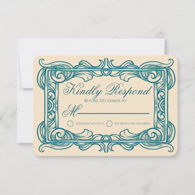 Art Deco Vintage Teal Champagne Wedding RSVP Card (Frente)