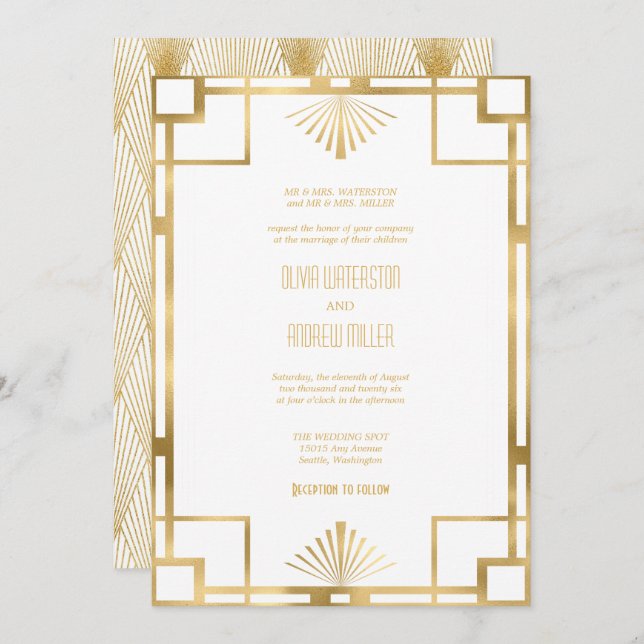 Art Deco Wedding | Convites Dourados e Brancos (Frente/Verso)