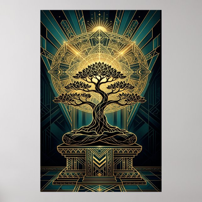 Art Deco Zen Bonsai Tree Mandala Gold Teal Poster (Frente)
