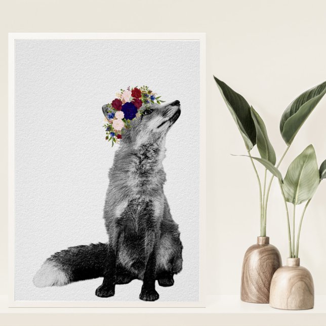 Art Impressão Fox Black White Flower Crown (Criador carregado)