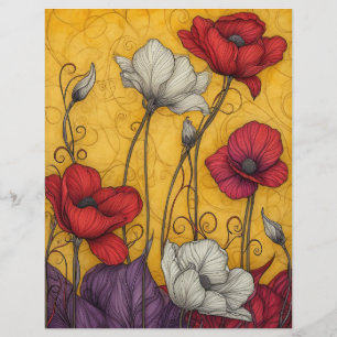 Art Neuveau Vintage Poppies Laranja Branco