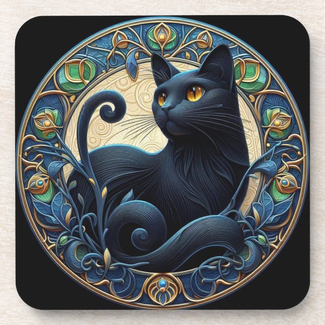 Art Nouveau Black Cat Plastic Porta copos Set (Frente)