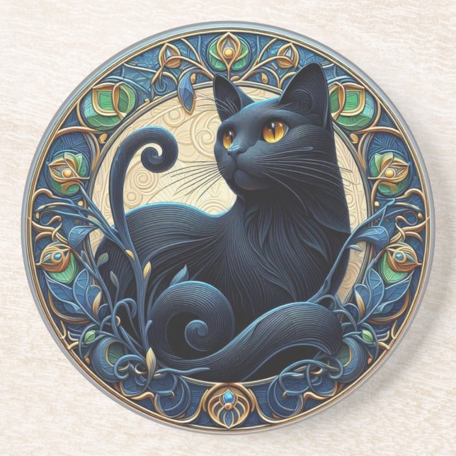 Art Nouveau Black Cat Stone Porta copos (Frente)