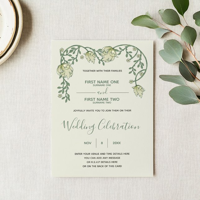 Art nouveau creme e convite para casamento verde (Art nouveau wedding invitation with green script and vintage style floral top frame)