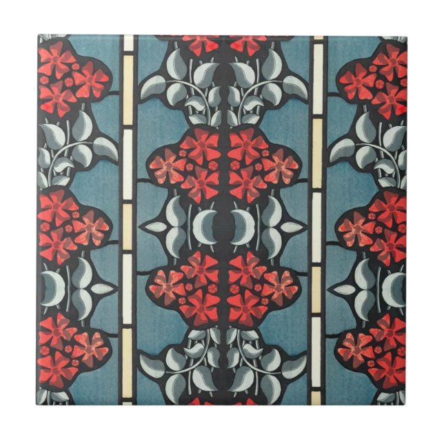 Art Nouveau Floral Red Blue Cerâmica Azulejo (Frente)