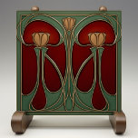 Art Nouveau Tulip Tapeçaria Azulejo cerâmico<br><div class="desc">Esse azulejo cerâmico exude o calor e o esplendor do período Art Nouveau, captando a essência do seu estilo icônico. Tulipas gêmeas em tons ricos de âmbar e ouro se erguem contra um pano de fundo impressionante de creme e marrom, seus caules esbeltos e folhas curvas esboçadas em bronze elegante...</div>