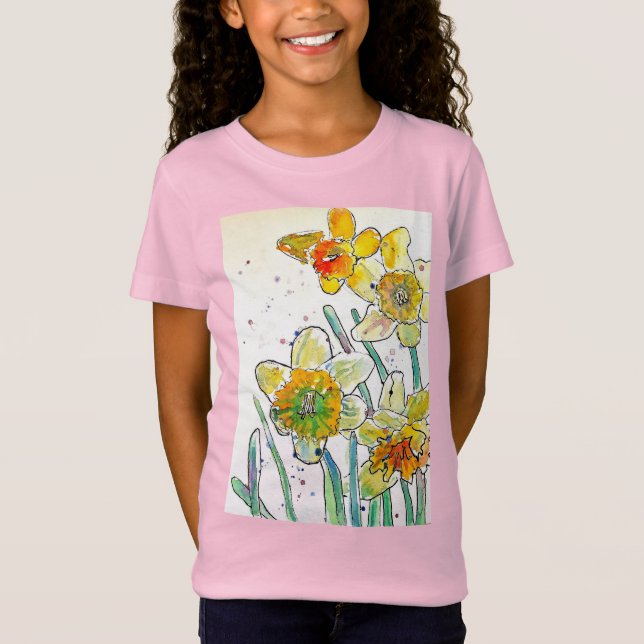Arte a aquarela amarela Daffodil Girls T Camisa ro (Frente)
