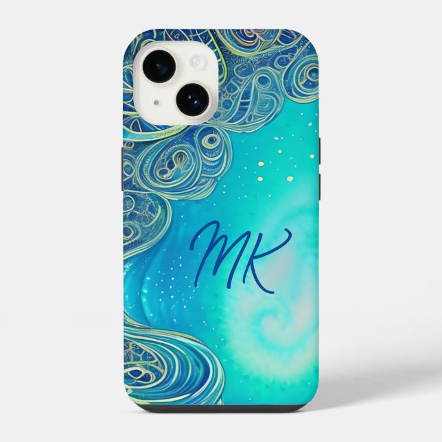 Arte abstrata azul e turquesa monogramada (Verso)
