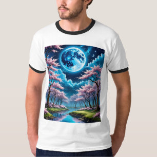 Arte de Camisa Azul Lua e Flor de Cereja