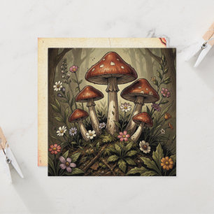 Arte de Cogumelos Vermelhos Vintage e Flores Silve