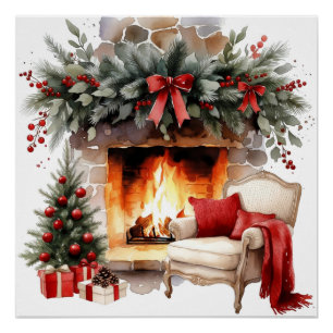 Arte de Impressão em Aquarela de Lareira de Natal