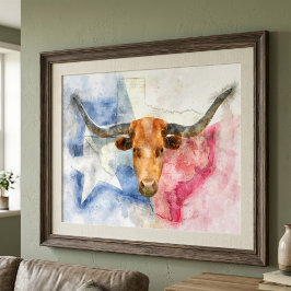 Arte de Impressão em Aquarela de Vaca Texas Longho