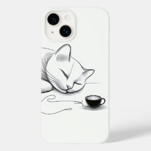 Arte de Linha de Gato Dormindo Minimalista e Café