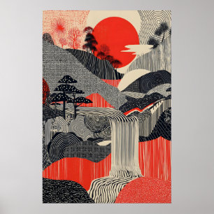 Arte de Paisagem Japonesa Impressão Sol Vermelho C