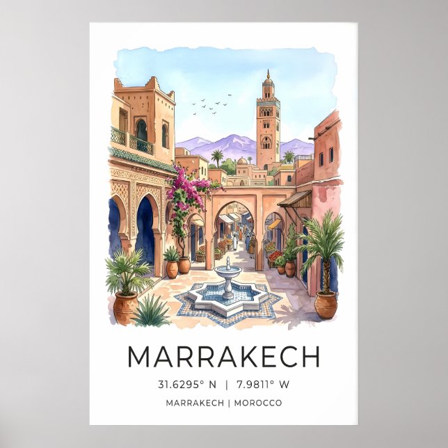 Arte de Parede de Marrakech Impressão de Aquarela  (Frente)