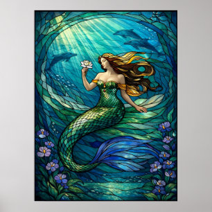 Arte de Parede em Poster de Sereia em Vidro Colori