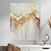 Arte de Parede Metálica Abstrata em Ouro e Marfim