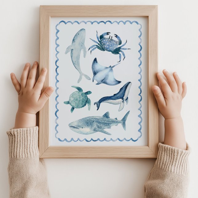 Arte de Parede Poster de Berçário Oceano Vida Mari (Sea Life Ocean crab shark Nursery Blue Wall Art Poster )