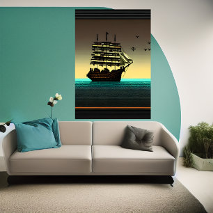 Arte de pixel, navio no mar   AI Art Poster