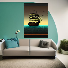 Arte de pixel, navio no mar | AI Art Poster