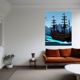 Arte de Pixel, navio no oceano | AI Art Poster