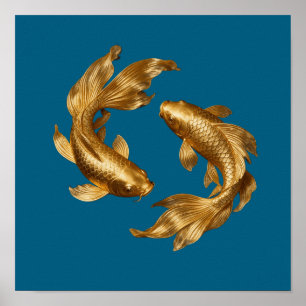 Arte de Poster de Peixe Koi Dourado de Luxo Feng S